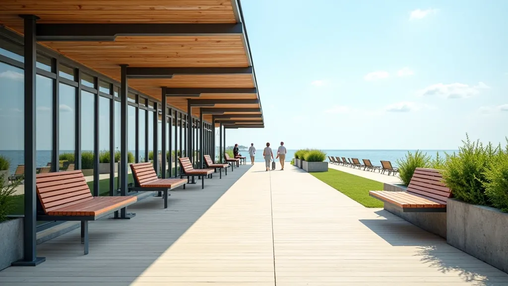 Liepājas promenādes bērnu laukums ar ēnojumiem un soliem