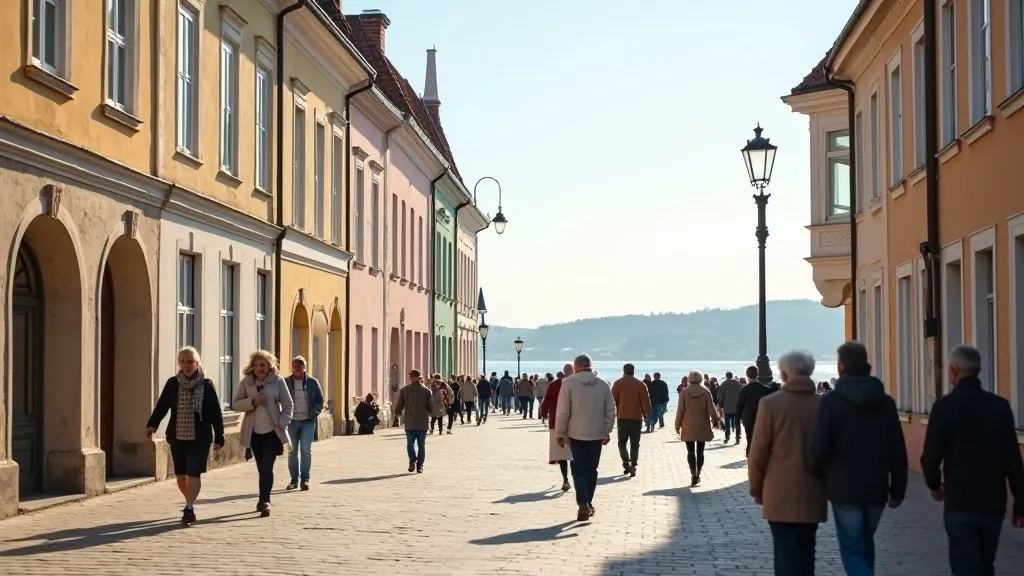 Liepājas vēsturiskā promenāde ar gājējiem un jūras skatu