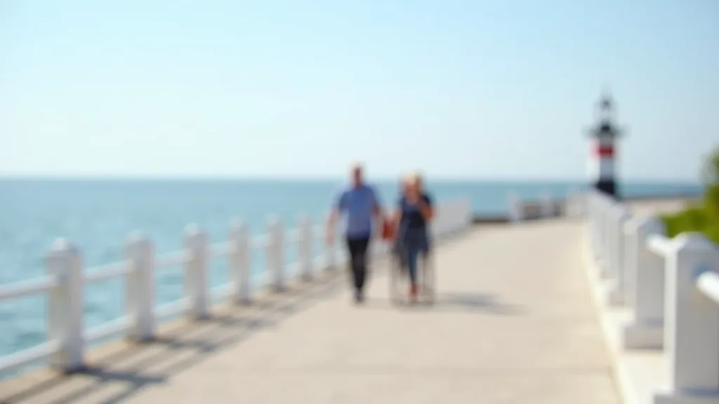 Ventspils jūras promenāde ar glatiem bruģiem, soļiem un tālumā redzamiem pīļiem, senioru pāris pastaigājas